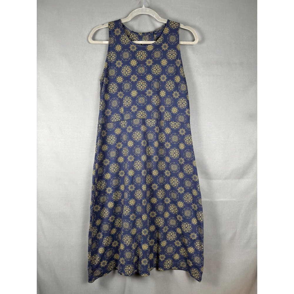 Fair Indigo Dress Womens Medium‎ Blue Gold Organic Pima Cotton Geometric Midi